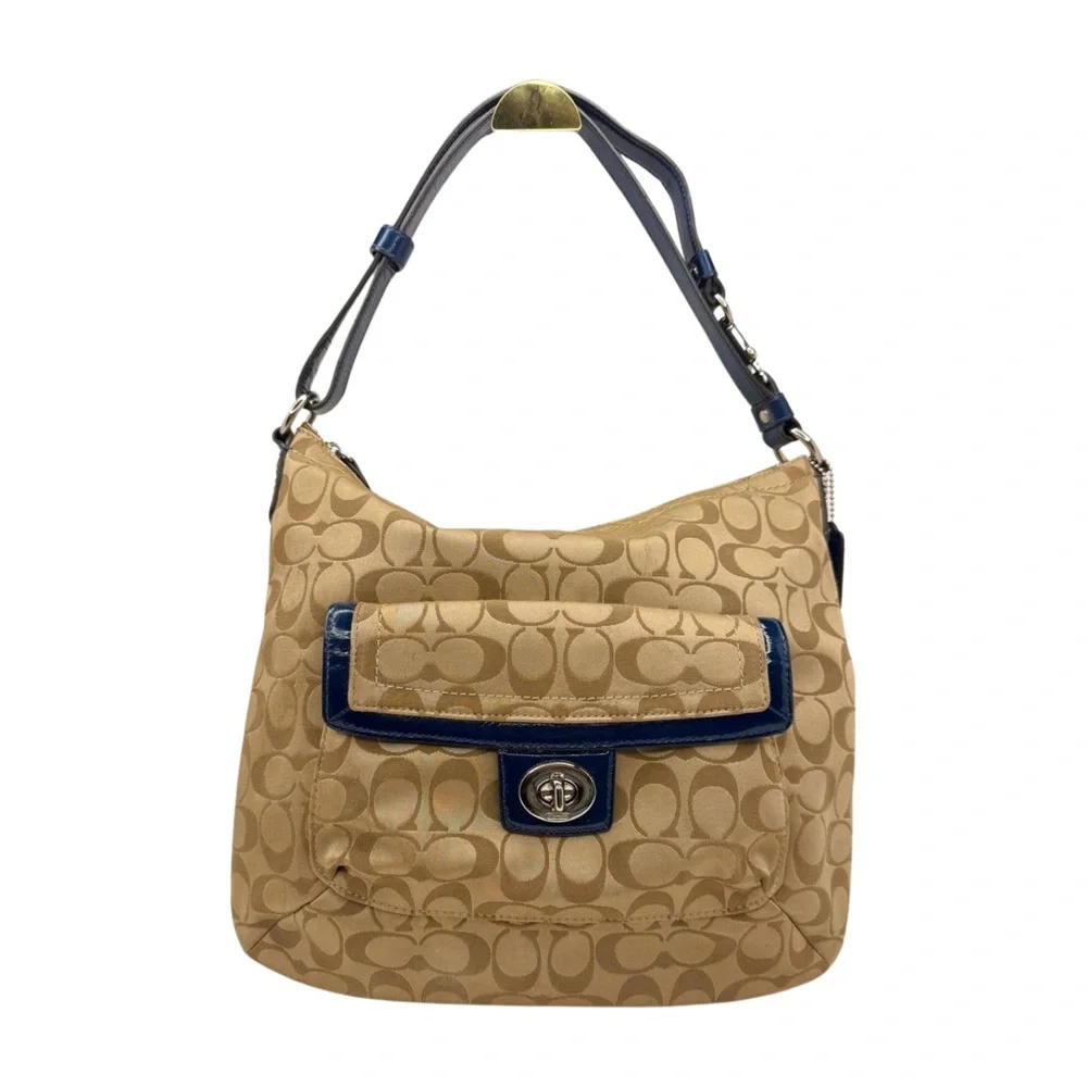 Coach 2012 Signature Jacquard Shoulder Bag Blue Leather Trim Turnlock F12699